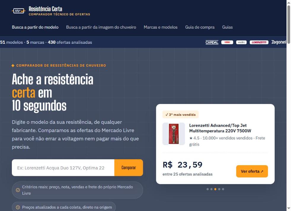 Página inicial do site Resistência Certa, com busca por modelo e comparação de ofertas